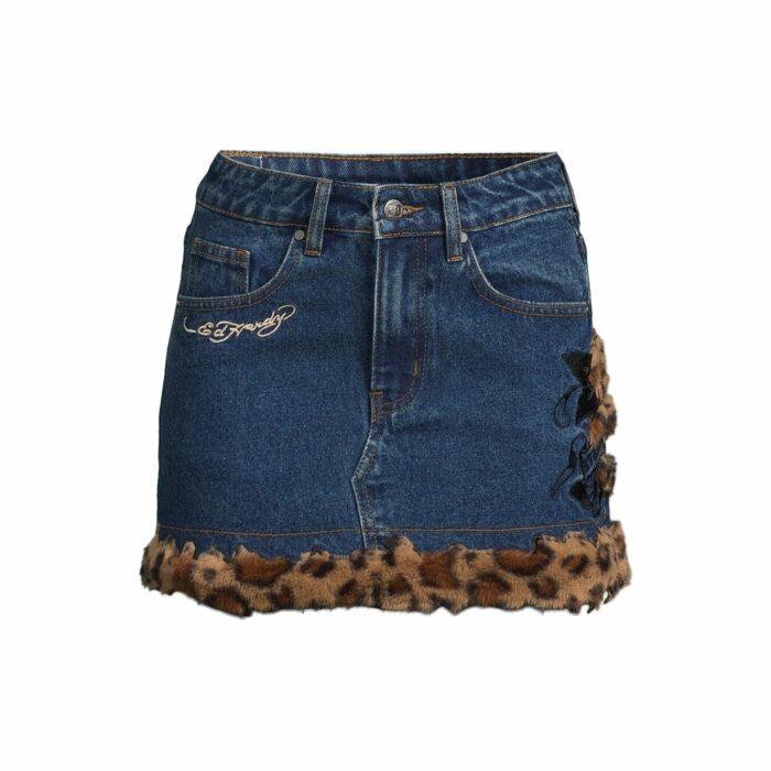 Leo Fur Trim Denim Mini Skirt