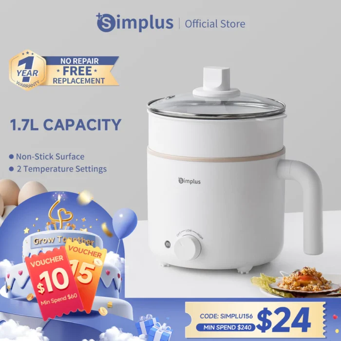 Simplus 1.7L Electric Cooker | 630W Quick Heating | Non-Stick Coating | 2 Temperature DZGH011