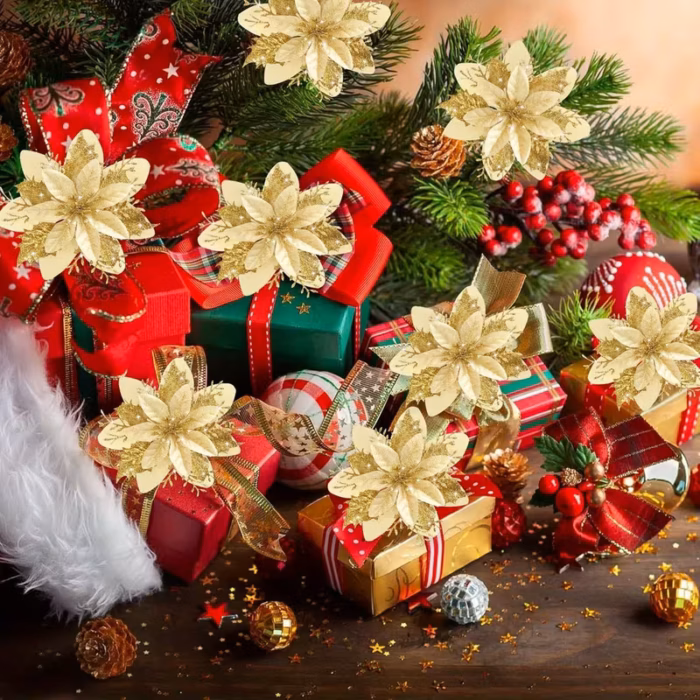 48pcs Golden Glitter Christmas Flowers with Clips - Elegant Golden Floral Decorations, No Assembly Needed, Durable Plastic Artificial Flowers for Christmas Tree, Wreaths, Wedding, Party, Home - Indoor/Outdoor Holiday Decor - Reusable & Easy to Hang, Christmas Flower Decorations, Festive Decorations, Festive Design, Lightweight Decorations, Decorative Blooms, Event Planners, Christmas Decor